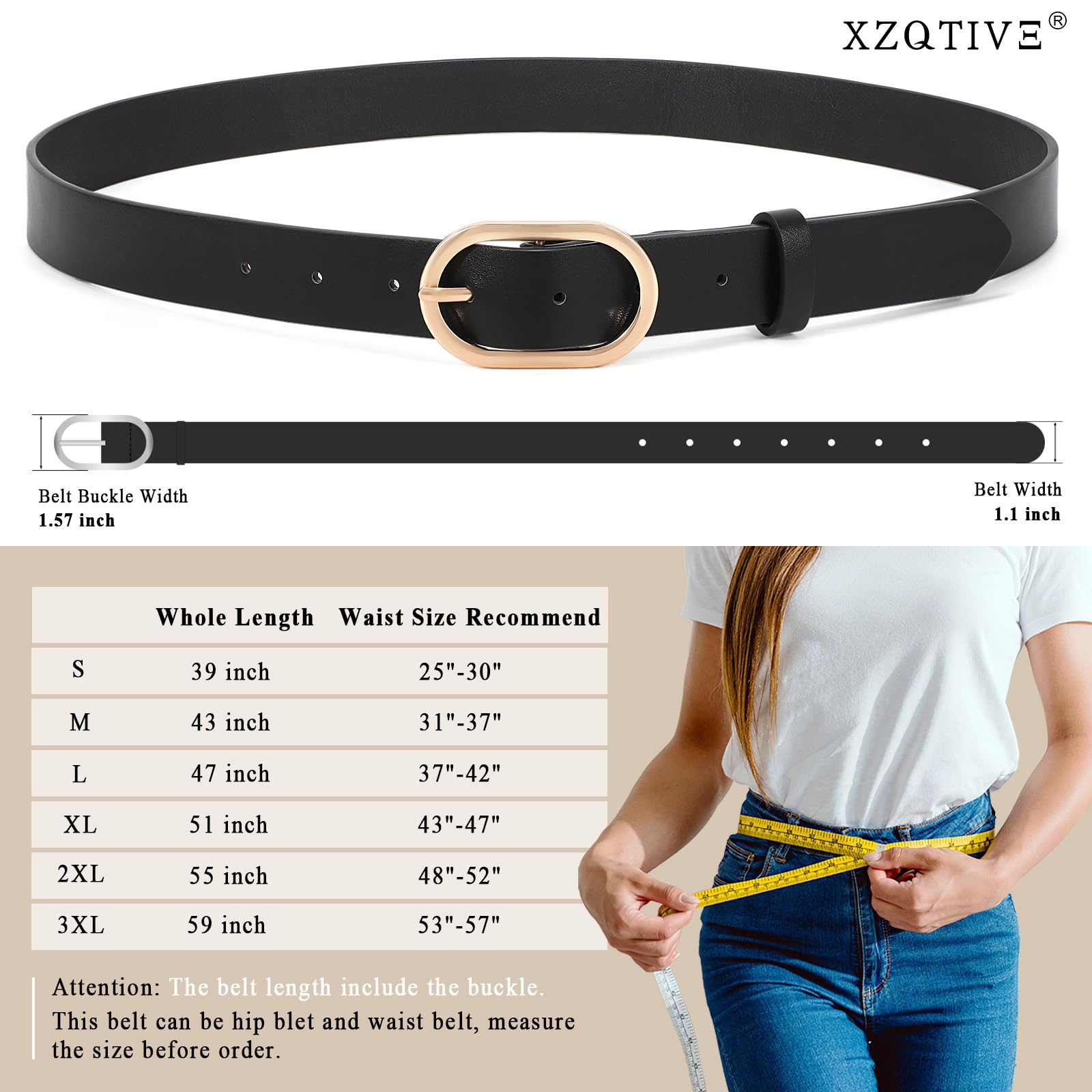 XZQTIVE 3 Pack Plus Size Women's Leather Belts for Jeans Pants Dress Fashion Gold Buckle Ladies Waist Belt,Black Beige Coffee