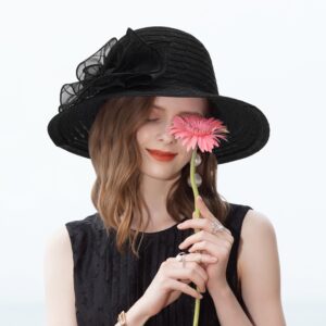 Women Organza Church Hat - Wide Brim Sun Hat Wedding Bridal Flower Church Hat Fascinator Hat (US, Alpha, Medium, Black)