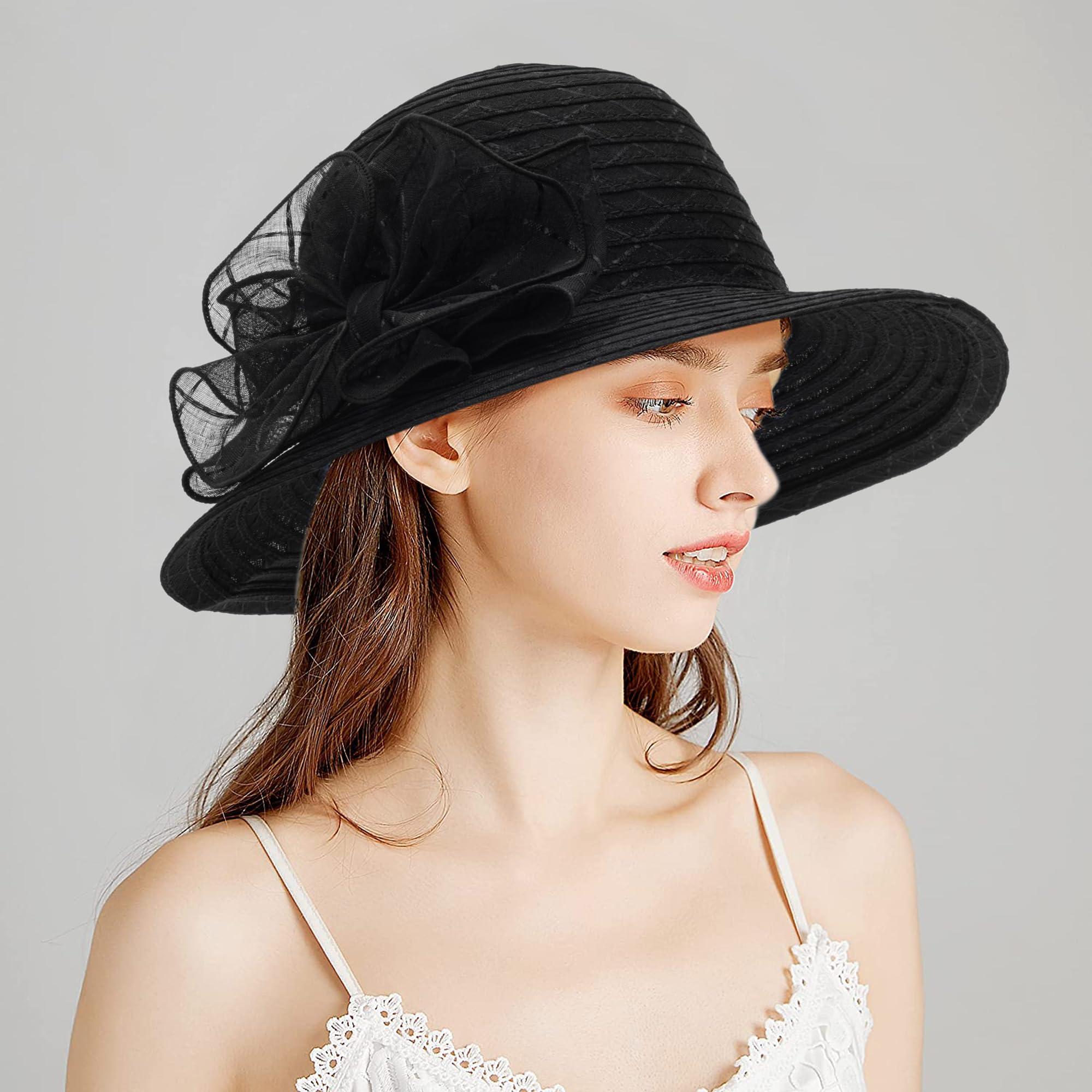 Women Organza Church Hat - Wide Brim Sun Hat Wedding Bridal Flower Church Hat Fascinator Hat (US, Alpha, Medium, Black)