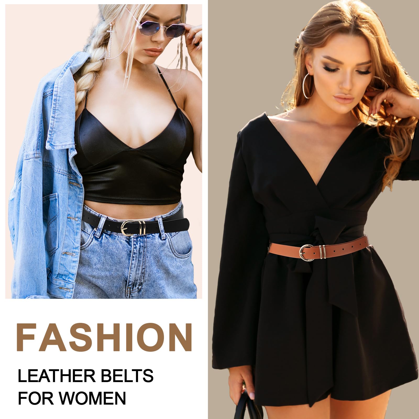 Breathffy 5 Pcs Women Leather Belts for Jeans Pants Dresses Fashion Womens Ladies Belt with Gold Buckle, Small to Plus Size (White+Black+Brown+Khaki+Beige, Size M: Fit Waist Size 31-36 Inches)