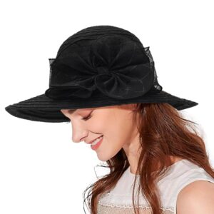 Women Organza Church Hat - Wide Brim Sun Hat Wedding Bridal Flower Church Hat Fascinator Hat (US, Alpha, Medium, Black)