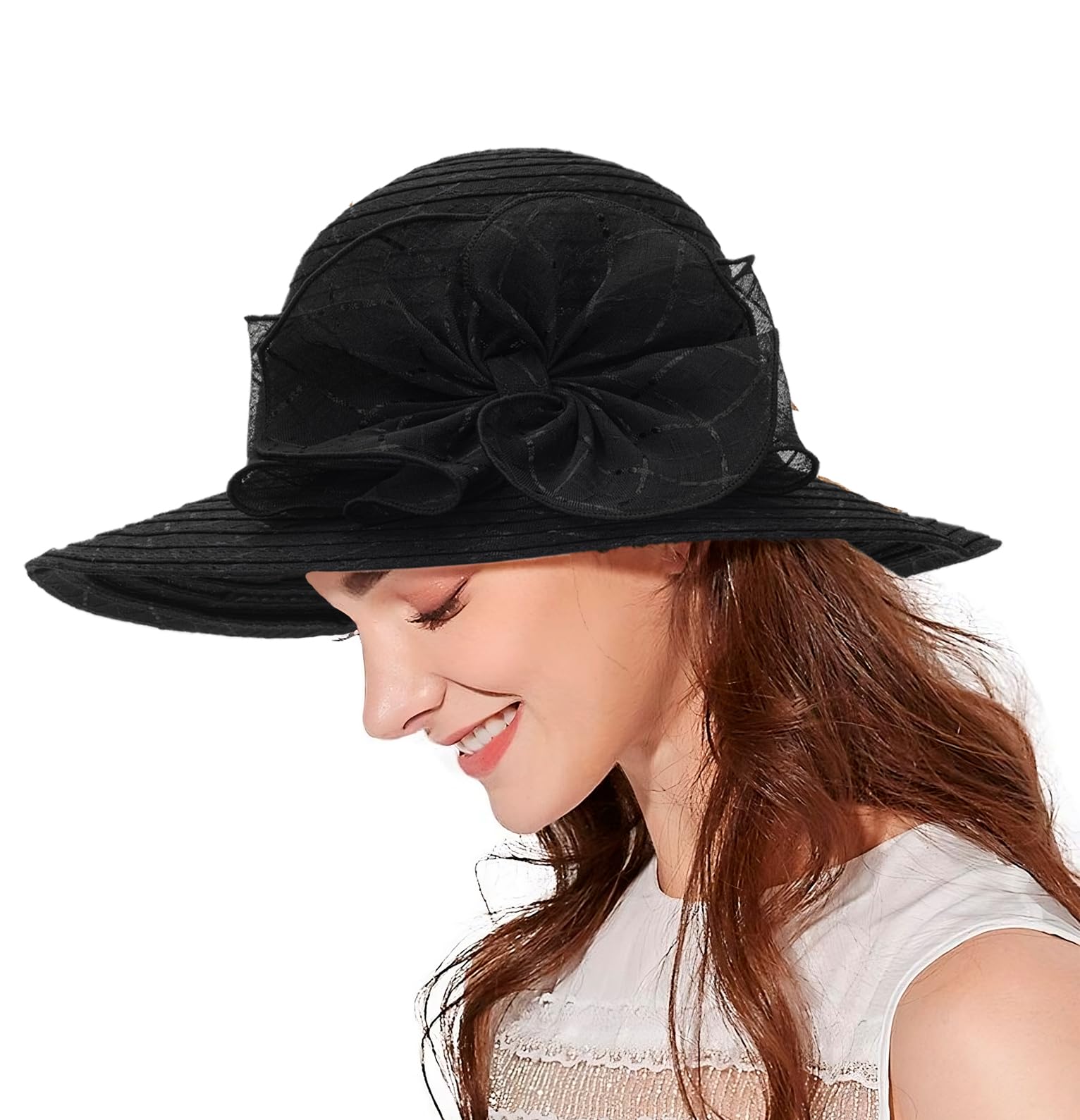 Women Organza Church Hat - Wide Brim Sun Hat Wedding Bridal Flower Church Hat Fascinator Hat (US, Alpha, Medium, Black)