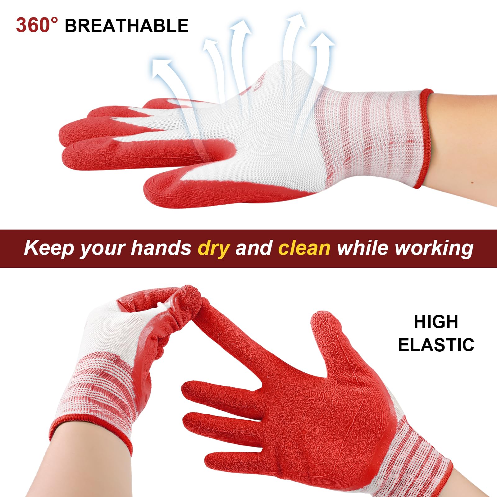 Trifabricy Gardening Gloves for Women/Men - 6 Pairs Breathable Natural Latex Garden Gloves with Grip, Outdoor Hard-wearing Protective Work Gloves for Lawn Yard, Medium, Green & Red