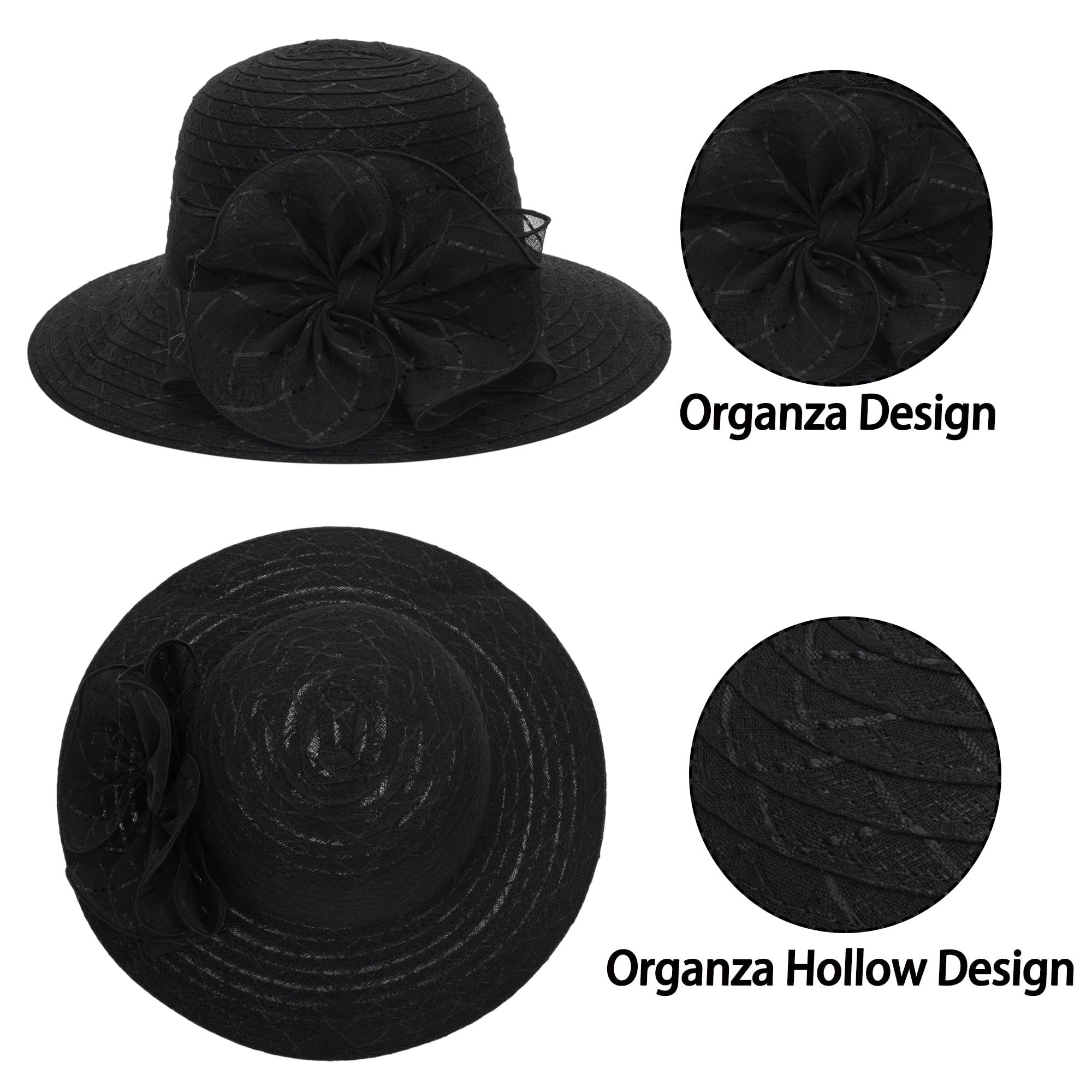 Women Organza Church Hat - Wide Brim Sun Hat Wedding Bridal Flower Church Hat Fascinator Hat (US, Alpha, Medium, Black)