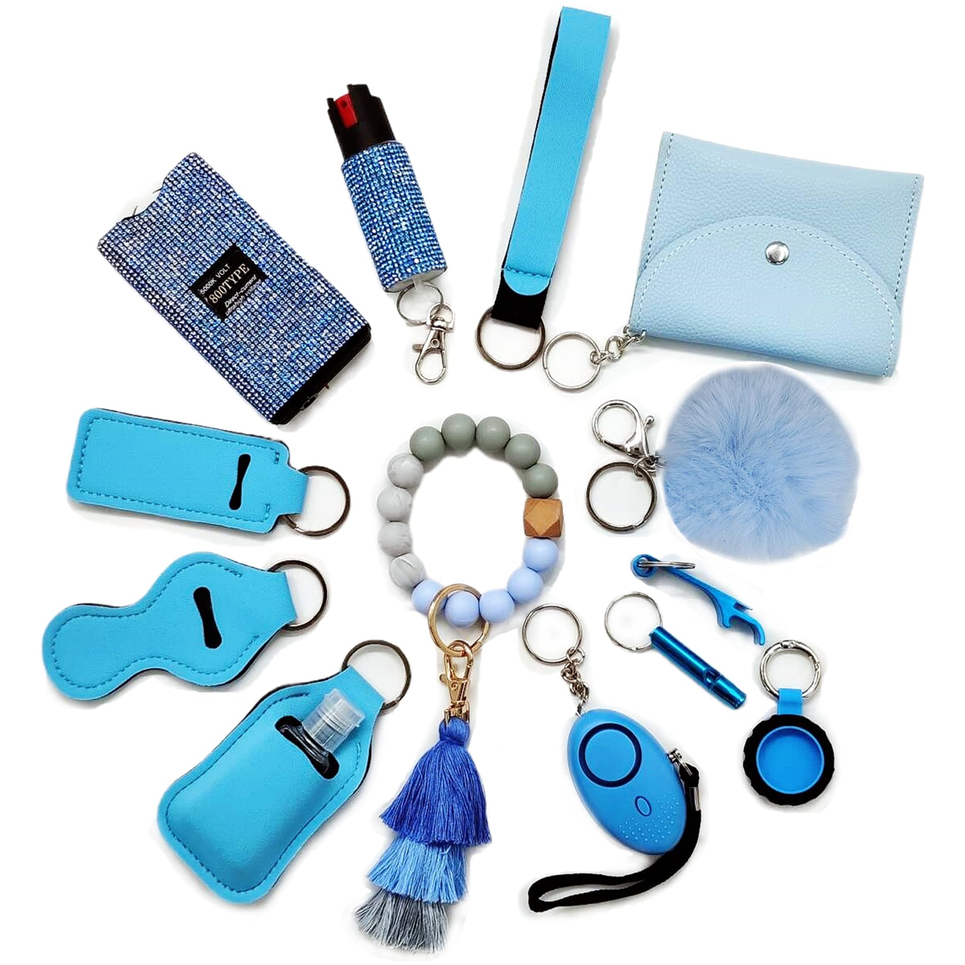 BATUMEYE Gift Set for Woman with Pom Pom Ball,Lip Balm Lanyard,Card Holder, Whistle,Travel Bottle Holder,BottleOpen(blue)