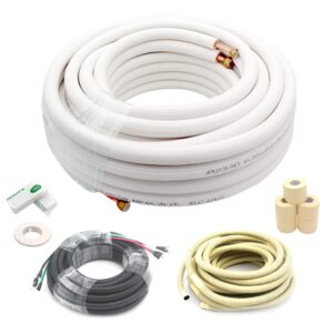 taurox 50ft mini split line set 1/4" & 3/8" o.d copper pipes tubing and 3/8" white thickened pe insulation coil, for mini split air conditioning or heating pump equipment and hvac with flared nuts.