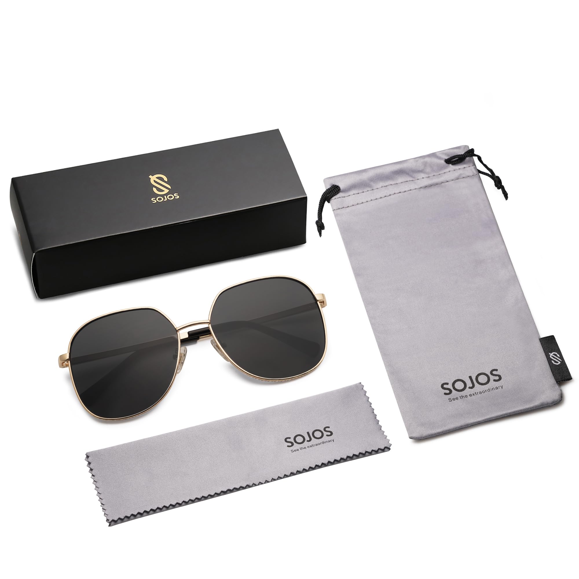 SOJOS Trendy Oversized Hexagonal Sunglasses for Women Men Stylish UV400 Sunnies with Spring Hinges SJ1210, Gold/Black