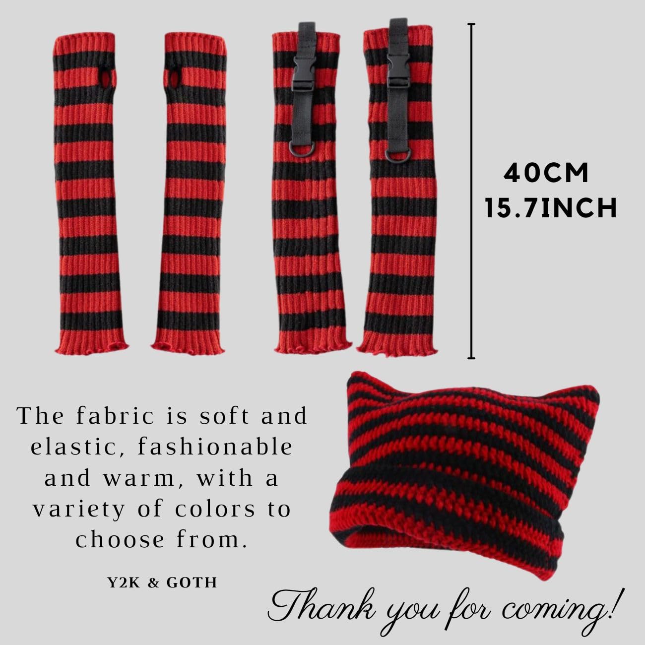 Lafaguw 5 PCS Y2k Beanie Hats for Women, Cute Knitted Striped Arm Warmers Leg Warmers 80s Crochet Cat Ear Beanie Accessories