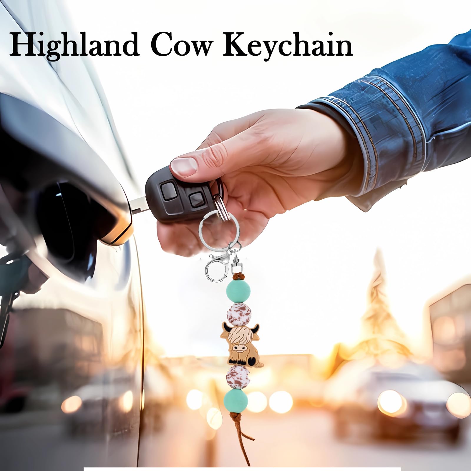 Qpige Highland Cow Gifts Cute Keychain Beads Highland Cow Keychain for Car Key Chain Highland Cow Lovers Gifts(Khaki)