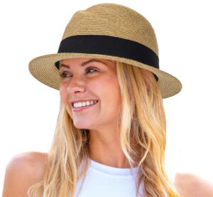 straw fedora-sun-hats for women men summer short brim roll up trilby hat packable panama-jazz beach hat(size:m) khaki