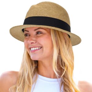 Straw Fedora-Sun-Hats for Women Men Summer Short Brim Roll Up Trilby Hat Packable Panama-Jazz Beach Hat(Size:M) Khaki