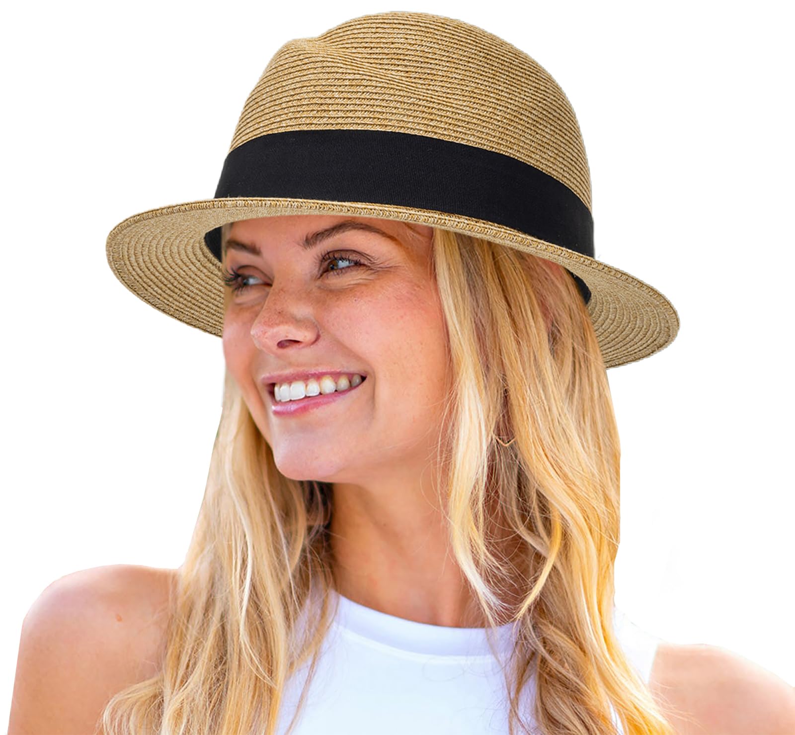 Straw Fedora-Sun-Hats for Women Men Summer Short Brim Roll Up Trilby Hat Packable Panama-Jazz Beach Hat(Size:M) Khaki