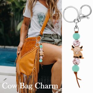 Qpige Highland Cow Gifts Cute Keychain Beads Highland Cow Keychain for Car Key Chain Highland Cow Lovers Gifts(Khaki)