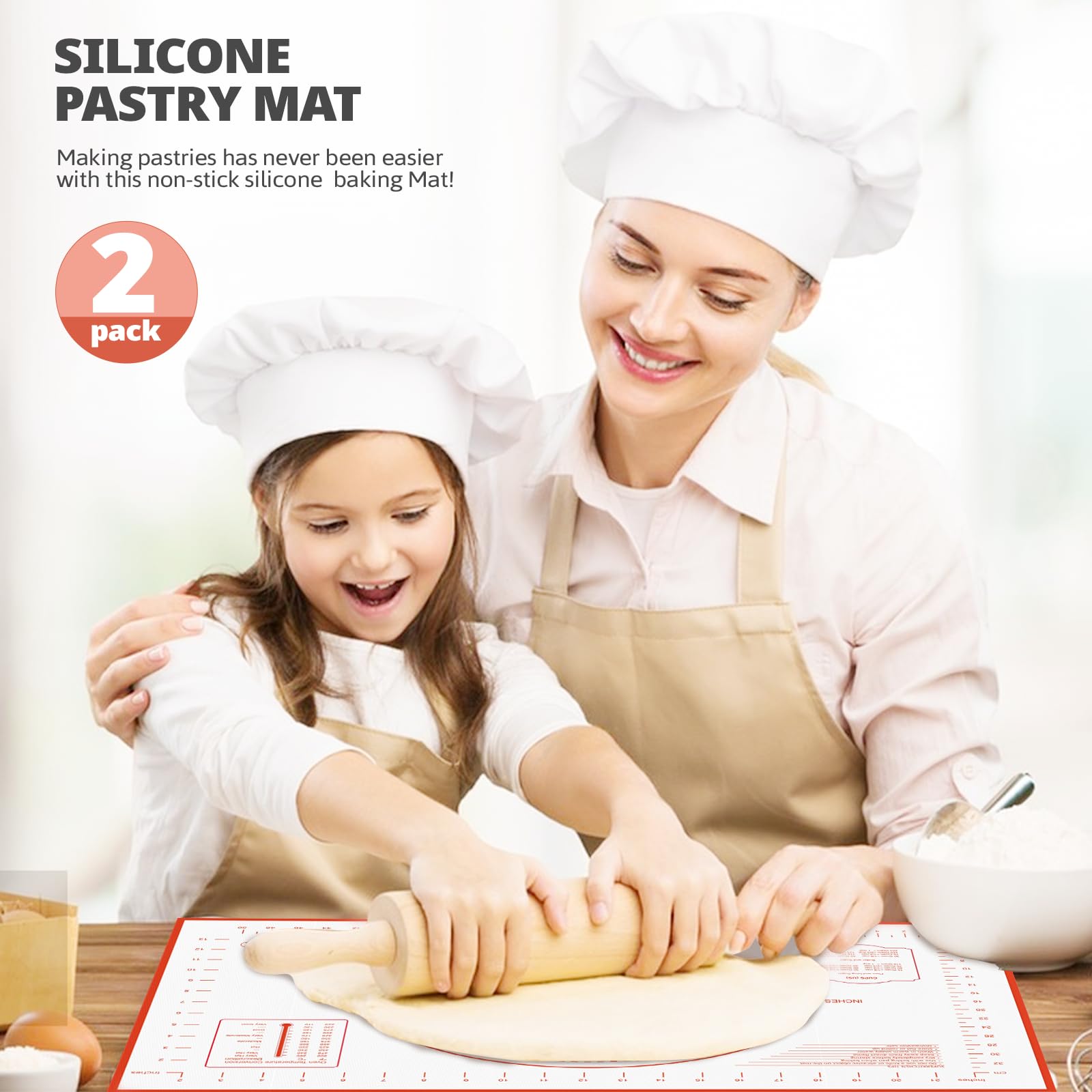 2 Pack Silicone Baking Mat, 24" x 16"Extra Thick Large Non Stick Pastry Mat Sheet for Dough Pie Crust Rolling Mats for Making Cookies Macarons Bread Baking Supplies, Easy to Clean