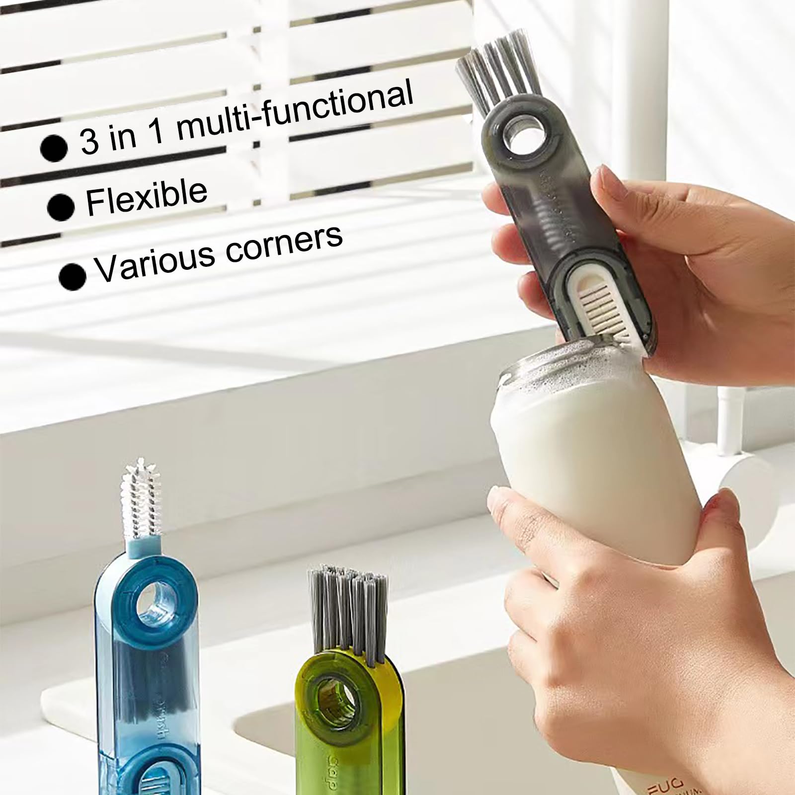 Bottle Brush 3 in 1 Multifunctional Crevice Cleaning Brush for Bottle Gap Tight Spaces Cup Kitchen Brush Small Silicone Bottle Brush Cleaner (3 Pack)