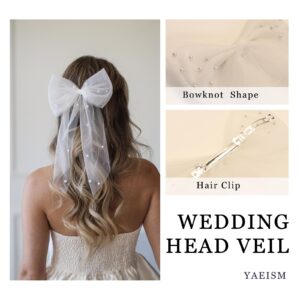 YAEISM Bridal Pearl Hair Bow Veil Bachelorette Party Decorations White Bow Short Wedding Veil Elegant Double Bowknot Bride Hair Clip Engagement Bridesmaid Gift