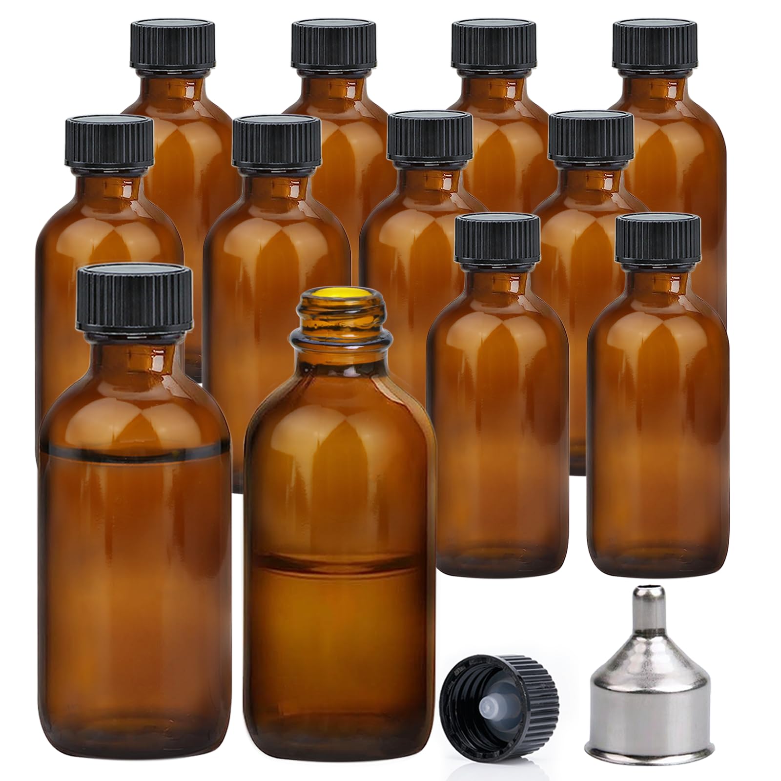 2 oz Amber Glass Bottles-12 pack Small Glass Jars with Black Lids Empty Boston Bottle,Dispensing Bottles for Homemade Vanilla Extract, Essential Oils, Herbal Medicine