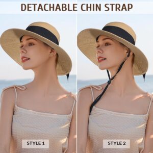 Beach Hats for Women - Wide Brim Sun Straw Hat for Women, UPF 50+ UV Sun Protection Sun Hat Womens, Floppy Sun Hat Foldable Roll up Cap, Khaki