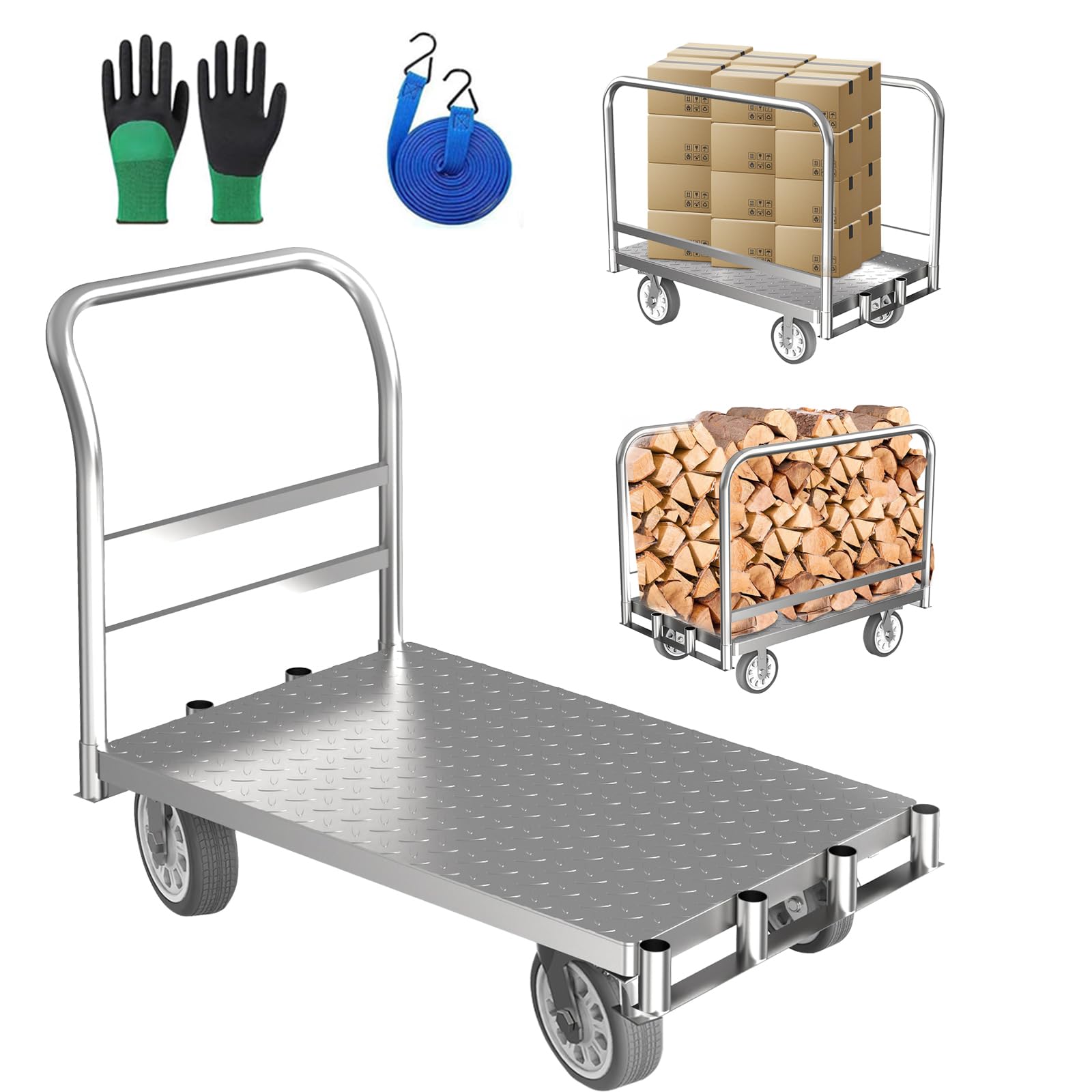 2IN1 Steel Panel Truck Cart,2500LBS 36" x 24" Heavy Duty Flatbed Cart,Platform Truck,Drywall Dolly Cart,Hand Truck Flat Cart with 6" Wheels,2MM Plate Lumber Push Cart with 1Front and 2 Side Handrails