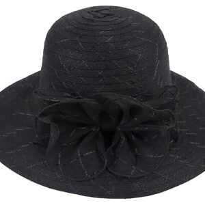 Women Organza Church Hat - Wide Brim Sun Hat Wedding Bridal Flower Church Hat Fascinator Hat (US, Alpha, Medium, Black)