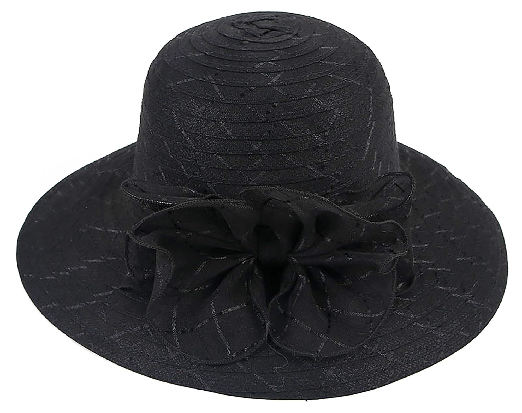 Women Organza Church Hat - Wide Brim Sun Hat Wedding Bridal Flower Church Hat Fascinator Hat (US, Alpha, Medium, Black)