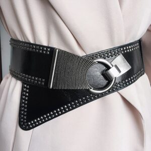 macoking Wide Belts for Women Studded Waist Elastic Belt for Dress 80s Accessories Black