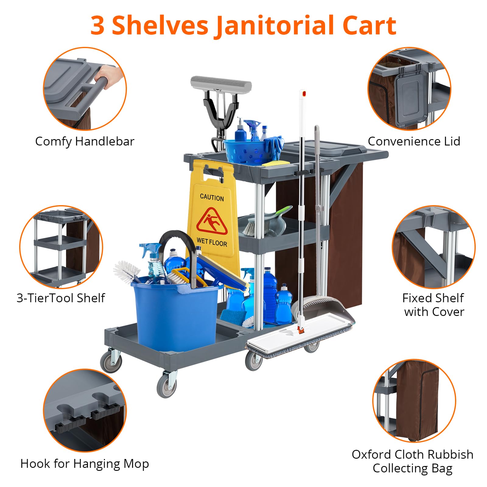 Commercial Traditional Cleaning Janitorial 3-Shelf Cart on Wheels, 300 Lbs Capacity Housekeeping Cart, Wheeled with 25 Gallon Zippered VinylBag and Cover w Lid, Heavy-Duty