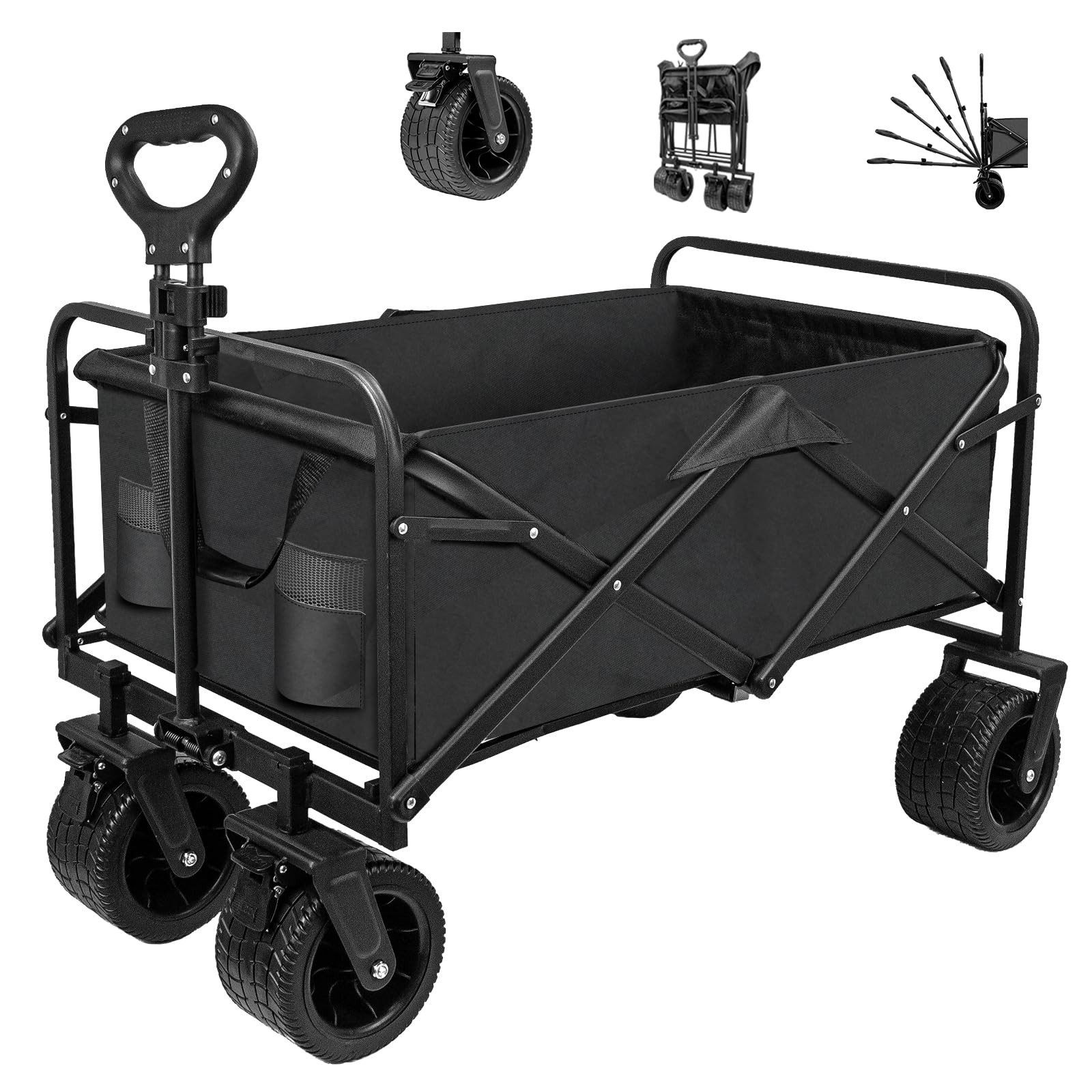 SZHLUX Collapsible Foldable Wagon,Beach Wagon with Big Wheels for Sand,Utility Grocery Wagon with Side Pocket and Brakes for Camping Sports Outdoor Activities