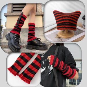 Lafaguw 5 PCS Y2k Beanie Hats for Women, Cute Knitted Striped Arm Warmers Leg Warmers 80s Crochet Cat Ear Beanie Accessories