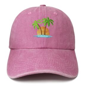 Hepandy Embroidered Palm Tree Hat for Women, Washed Pink Baseball Cap Snapback Hat for Girls, Outdoor Travel Denim Dad Hat Trucker Hat