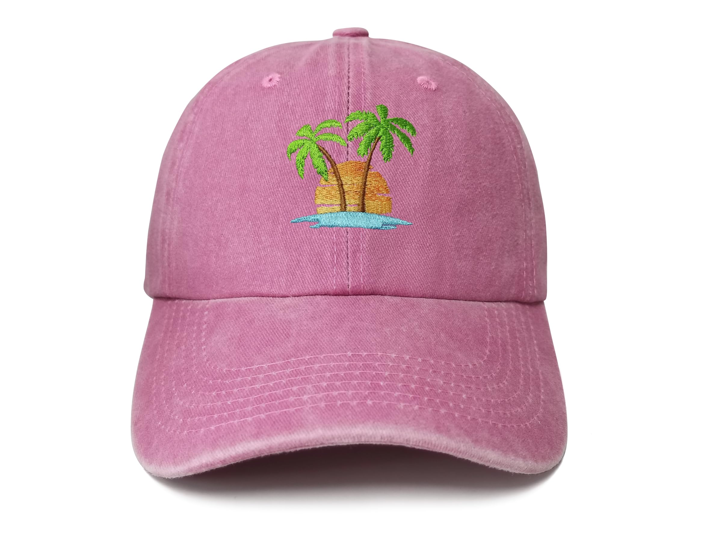 Hepandy Embroidered Palm Tree Hat for Women, Washed Pink Baseball Cap Snapback Hat for Girls, Outdoor Travel Denim Dad Hat Trucker Hat