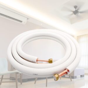 TAUROX 50FT Mini Split Line Set 1/4" & 3/8" O.D Copper Pipes Tubing and 3/8" White Thickened PE Insulation Coil, for Mini Split Air Conditioning or Heating Pump Equipment and HVAC with Flared Nuts.