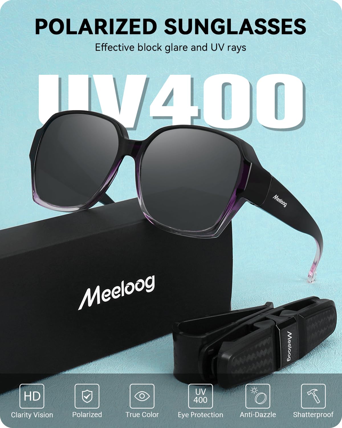 Meeloog Polarized Fit Over Glasses Sunglasses for Women Men, Square Oversized Lightweight Shades for Driving Riding MST2106