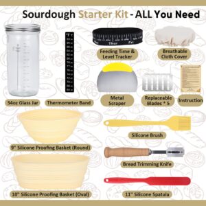 Sourdough Starter Kit, 34oz Sourdough Starter Jar, 2 Bread Proofing Baskets, Thermometer, Feeding Time Tracker, Metal Scraper, Easy to Clean, Complete Sourdough Bread Baking Supplies for Beginners