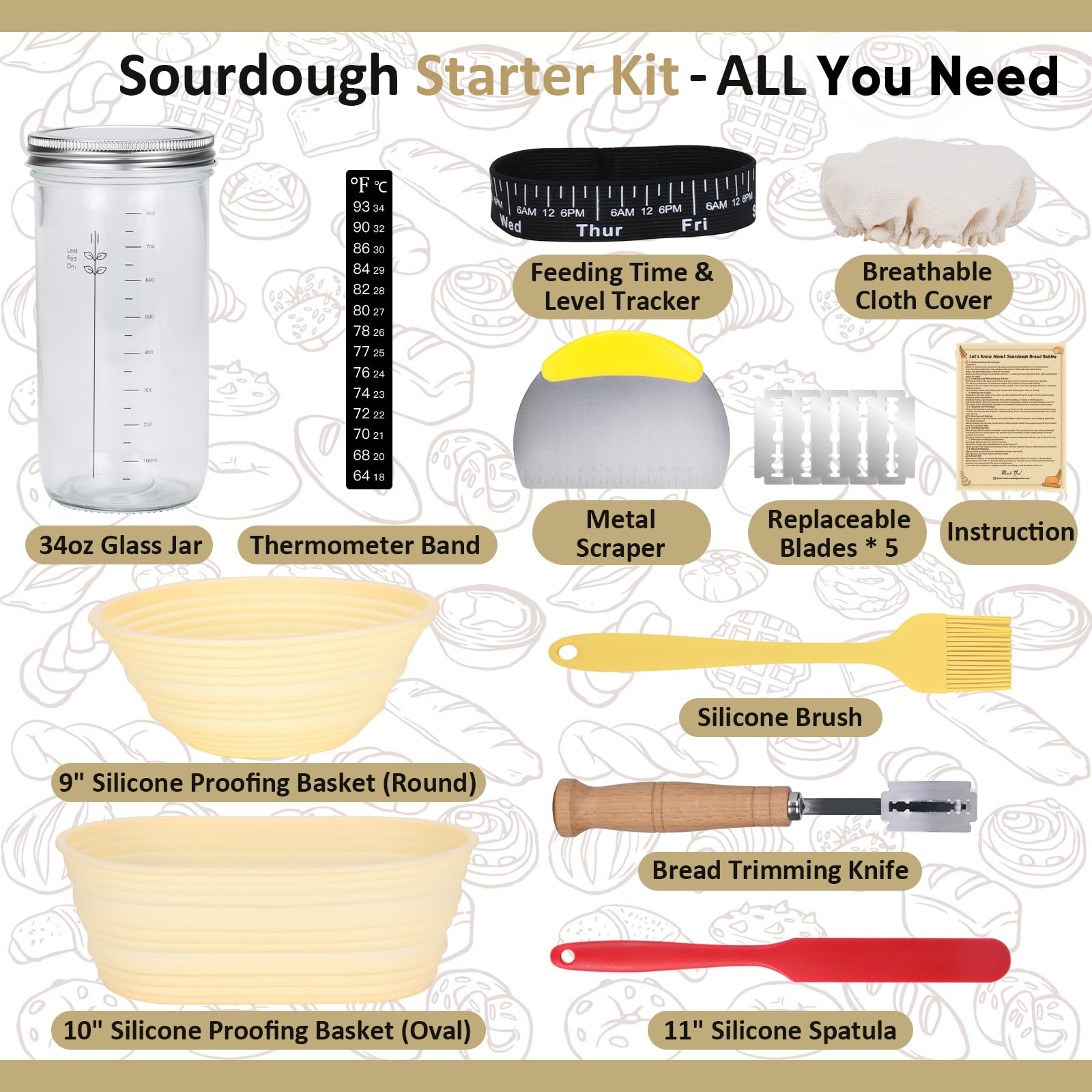 Sourdough Starter Kit, 34oz Sourdough Starter Jar, 2 Bread Proofing Baskets, Thermometer, Feeding Time Tracker, Metal Scraper, Easy to Clean, Complete Sourdough Bread Baking Supplies for Beginners