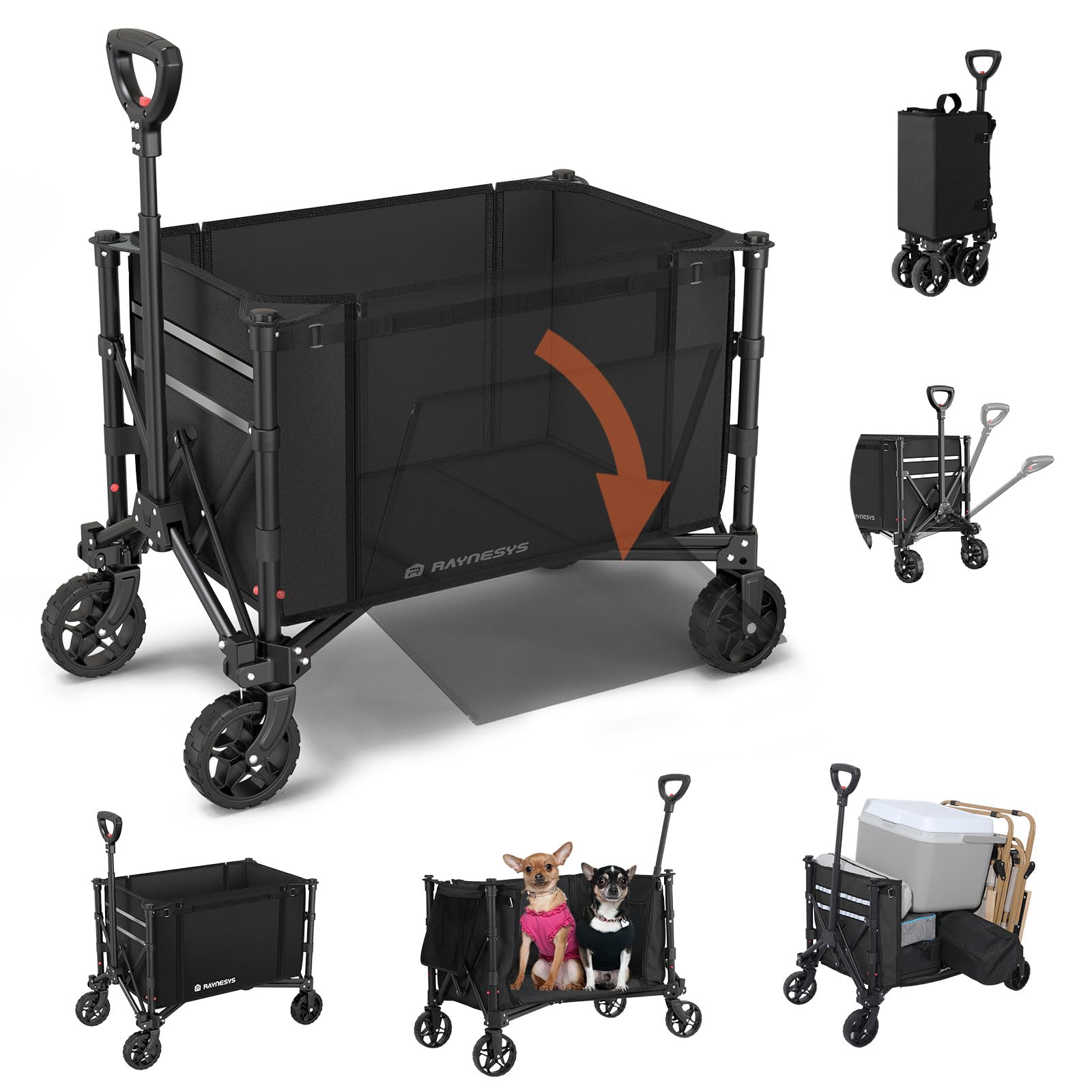 Raynesys 3 in 1 Collapsible Wagon Converts to Bench, 220lbs Foldable Wagon Cart with Wheels, 120L Shopping Cart for Groceries Folding Utility Wagon for Beach, Garden, Camping, Sport, Black