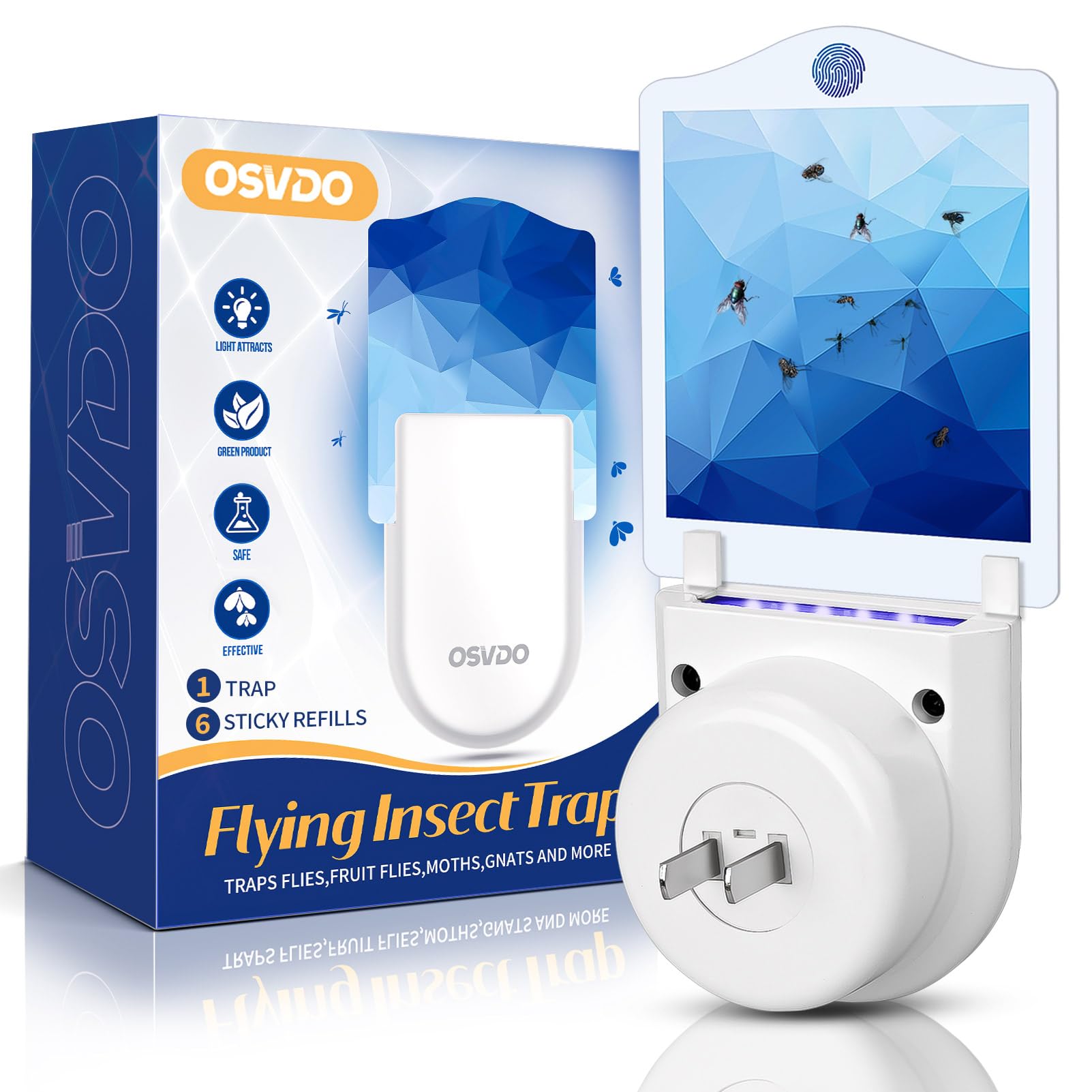 Flying Insect Trap Indoor, Plug in Fly Trap Indoor, Fruit Fly Trap with Blue-Purple Light Attracts Mosquito, Fly, Moth, Gnat, Sticky Glue Bug Trap - 500 Sq Ft of Protection (1 Device + 6 Refills)