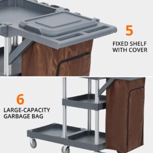 Commercial Traditional Cleaning Janitorial 3-Shelf Cart on Wheels, 300 Lbs Capacity Housekeeping Cart, Wheeled with 25 Gallon Zippered VinylBag and Cover w Lid, Heavy-Duty