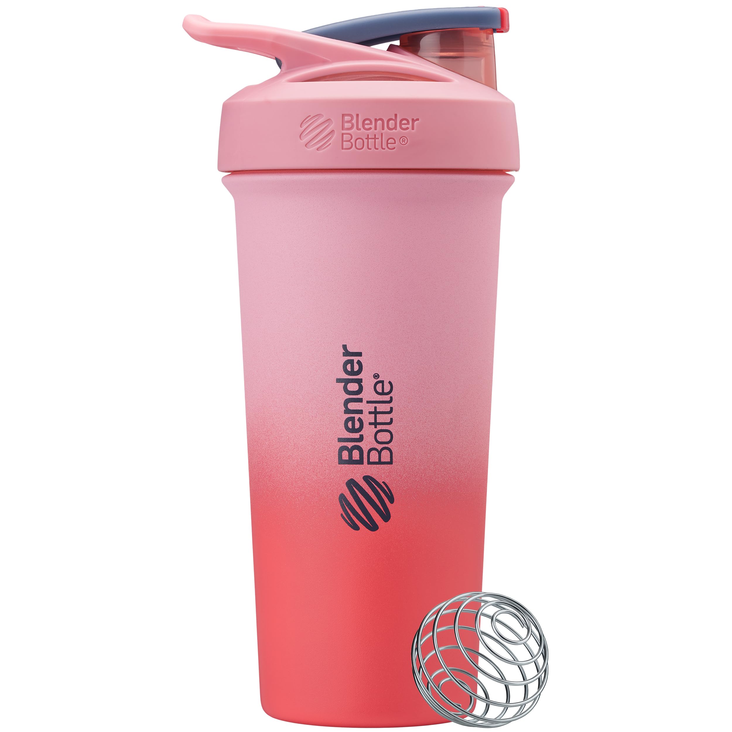 BlenderBottle Strada Sleek Shaker Cup Insulated Stainless Steel Water Bottle with Wire Whisk, 25-Ounce, Flamingo Ombre