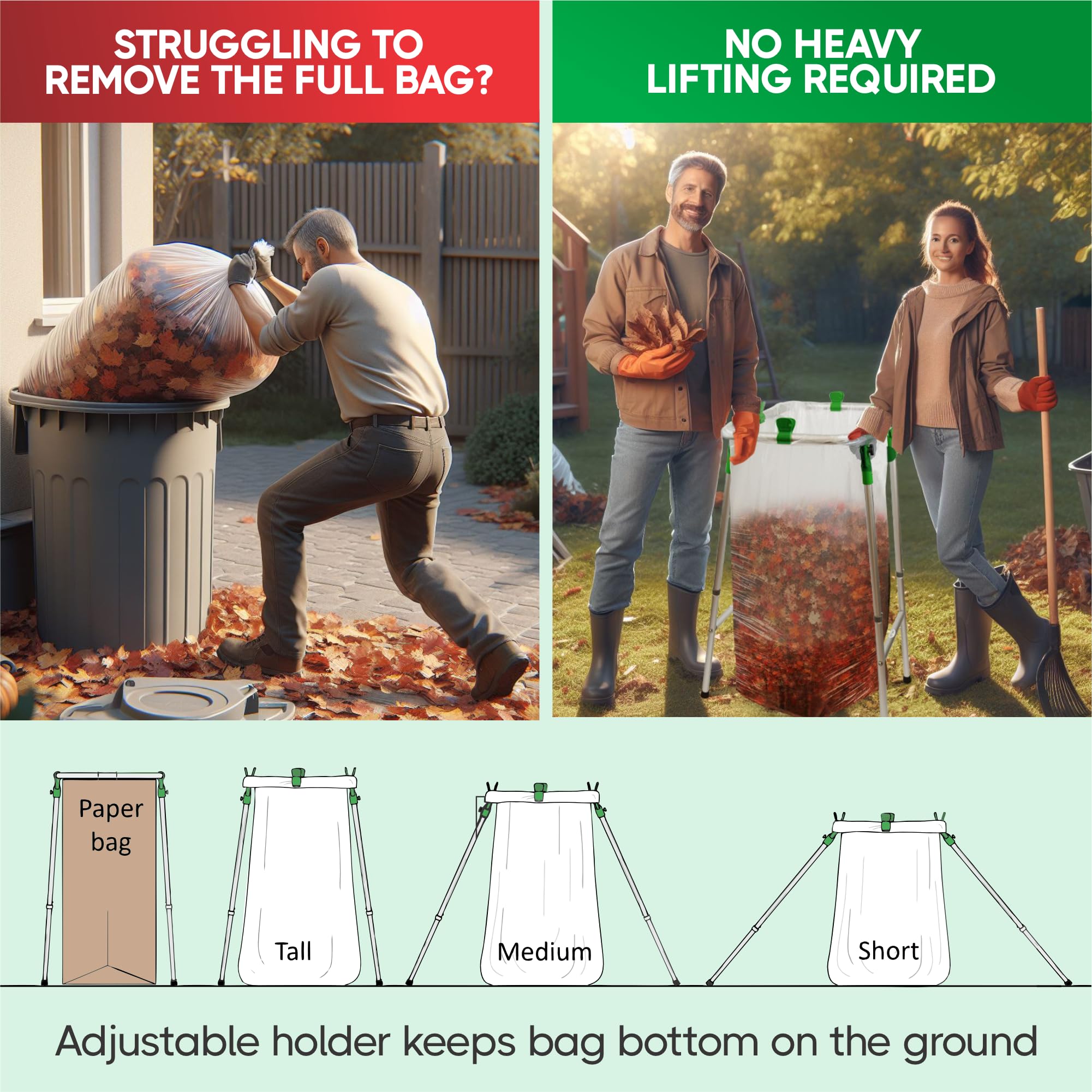 NIFTYARD Adjustable Leaf Bag Holder, 33-55 Gallon Plastic and 30 Gallon Paper Bag capacity, Works on Slopes, Foldable, Outdoor Trash Bag Holder Stand, Yard & Lawn Cleanup, Gardening, Camping, Parties