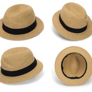 Straw Fedora-Sun-Hats for Women Men Summer Short Brim Roll Up Trilby Hat Packable Panama-Jazz Beach Hat(Size:M) Khaki