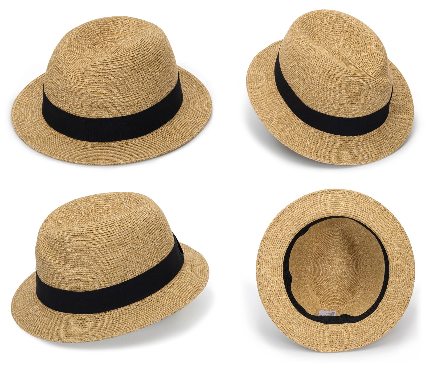 Straw Fedora-Sun-Hats for Women Men Summer Short Brim Roll Up Trilby Hat Packable Panama-Jazz Beach Hat(Size:M) Khaki