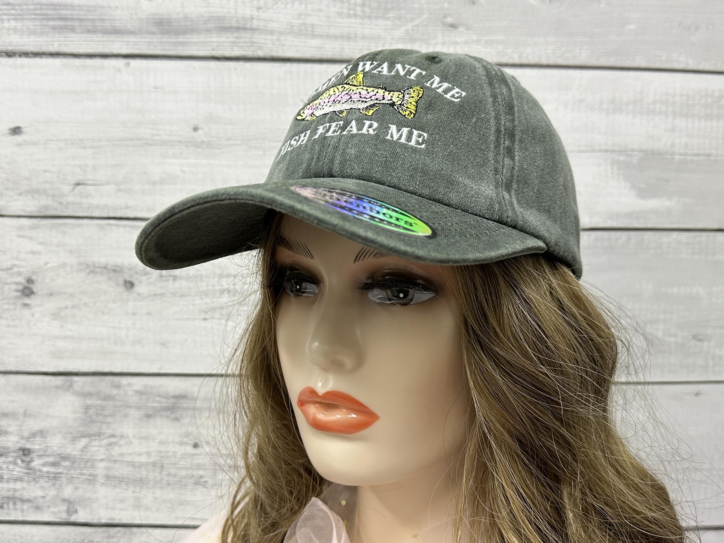 Shenbors Embroidered Women Want Me Fish Fear Me Hat for Men, Army Green Outdoors Fishing Snapback Dad Hat, Adjustable Baseball Cap