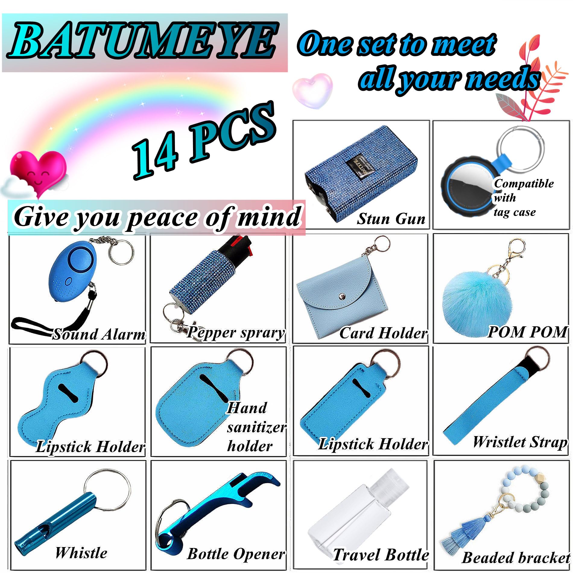 BATUMEYE Gift Set for Woman with Pom Pom Ball,Lip Balm Lanyard,Card Holder, Whistle,Travel Bottle Holder,BottleOpen(blue)