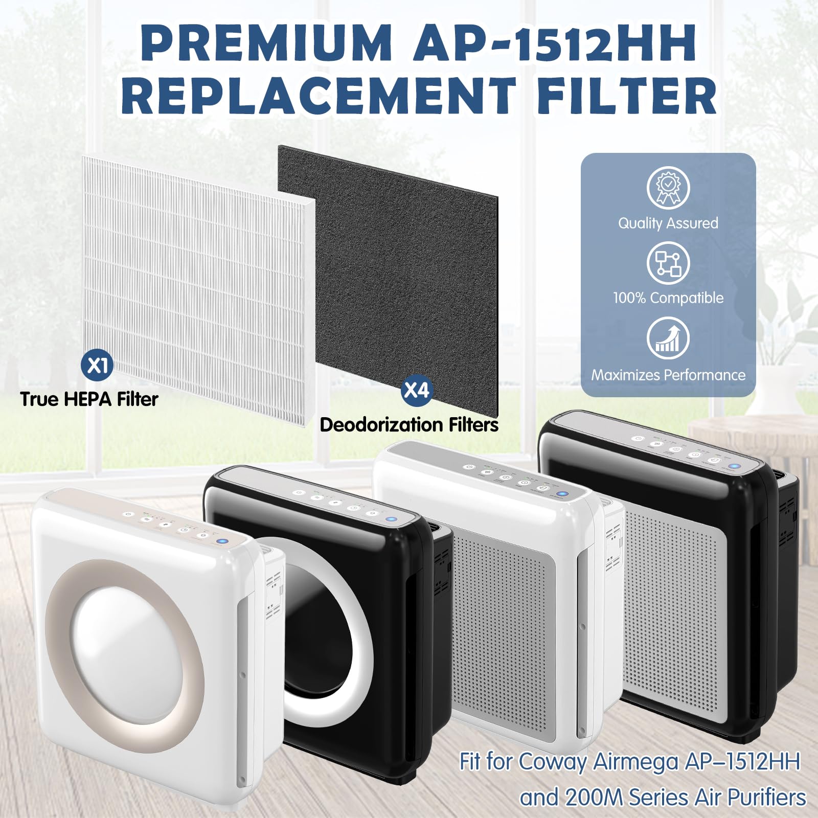 True HEPA AP-1512HH Replacement Filter Set for Coway Airmega AP-1512HH and 200M Series Air Cleaner Purifiers, AP-1512HH-FP, AP-1518R, AP-1519P, 1 True HEPA Filter and 4 Carbon Filters, Part # 3304899