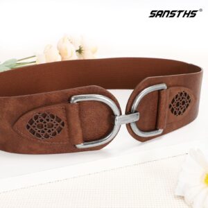 SANSTHS Vintage Women Stretchy Wide Belt Chunky Buckle Elastic Wide Waist Belts for Dresses Coats, Coffee M