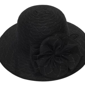 Women Organza Church Hat - Wide Brim Sun Hat Wedding Bridal Flower Church Hat Fascinator Hat (US, Alpha, Medium, Black)