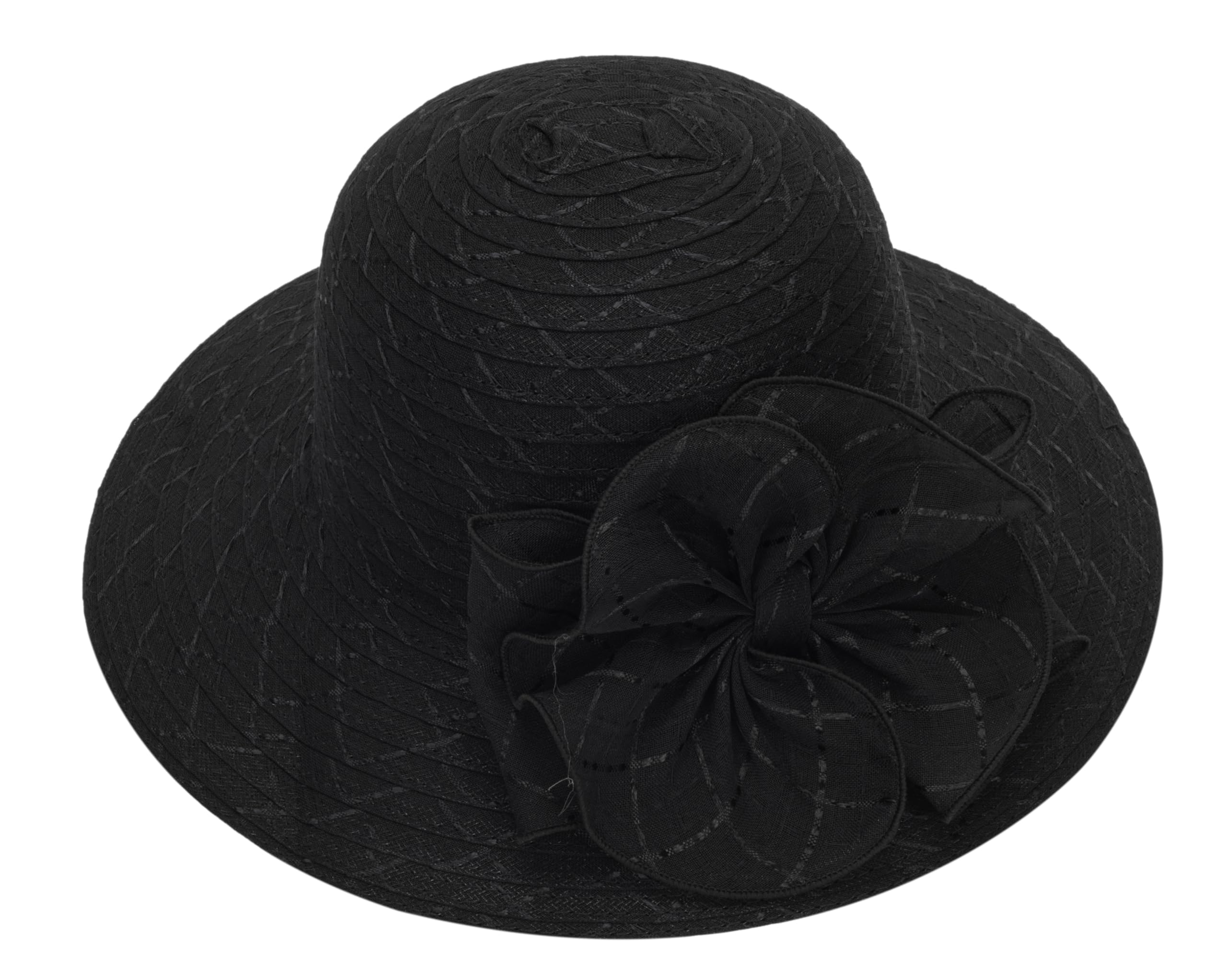 Women Organza Church Hat - Wide Brim Sun Hat Wedding Bridal Flower Church Hat Fascinator Hat (US, Alpha, Medium, Black)