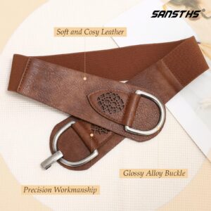 SANSTHS Vintage Women Stretchy Wide Belt Chunky Buckle Elastic Wide Waist Belts for Dresses Coats, Coffee M