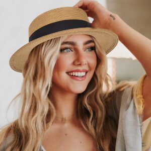 Women's Wide Brim Sun Hat Straw Panama Hat - UV-Protection Summer Boater Fedora Beach-Sun-Hats(M-L)